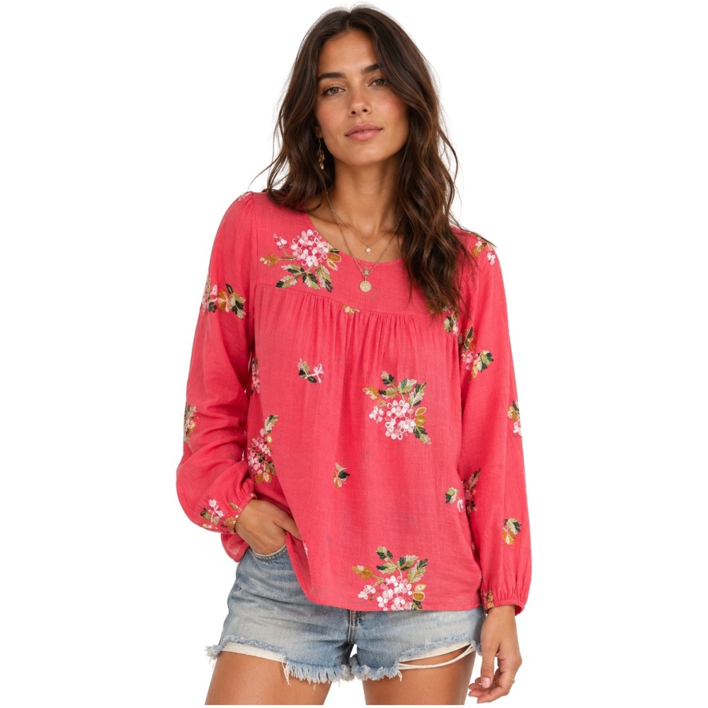 Anthropologie Fig & Flower Top Medium Coral Pink Floral Embroidered Peasant Boho